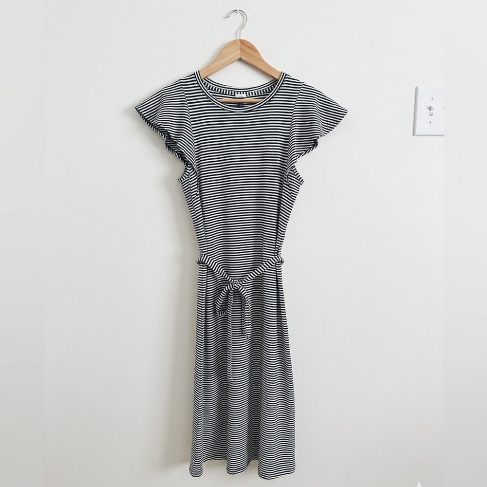 GAP Blue and White Striped Flutter Sleeve Belted Midi Dress